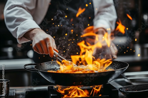 Chef cooking with flames in a frying pan photo