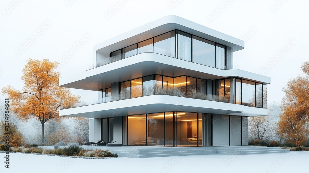 3D model of a modern minimalist apartment building, positioned at a high angle to highlight its clean glass façade and geometric design, against a white background. The color tone is neutral 3D model of a modern minimalist apartment building, positioned at a high angle to highlight its clean glass façade and geometric design, against a white background. The color tone is neutral