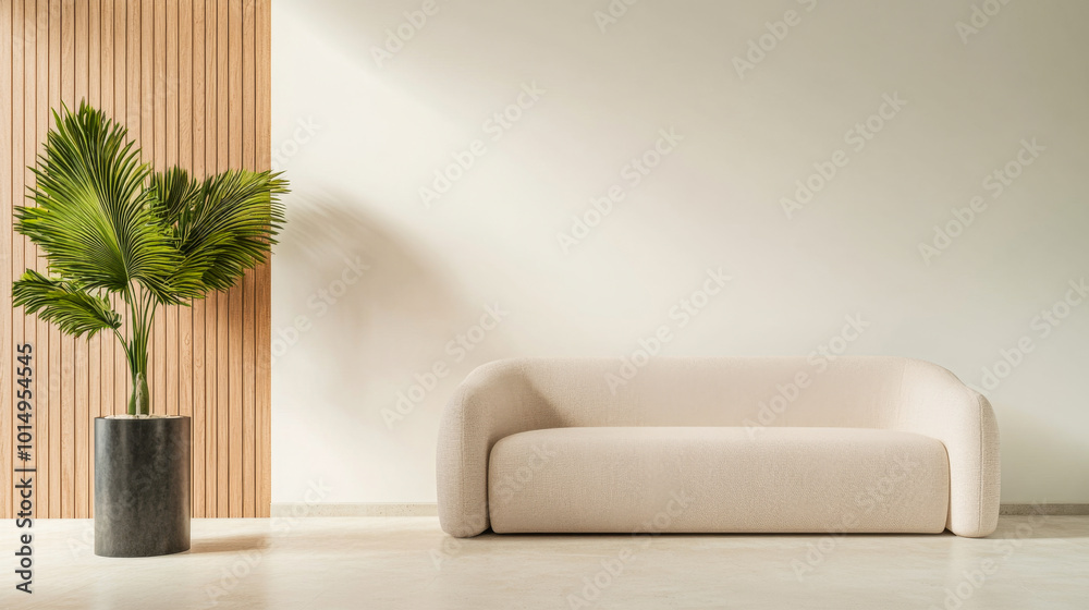 Modern living room with a minimalist sofa and potted plant against a neutral backdrop Modern living room with a minimalist sofa and potted plant against a neutral backdrop