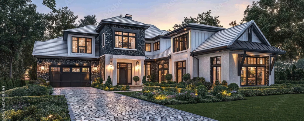 Rendering of a home exterior with pearl white accents, traditional style, dark limestone and ash details, generous windows, snow white roof trim, a cobblestone driveway, and a lush green yard Rendering of a home exterior with pearl white accents, traditional style, dark limestone and ash details, generous windows, snow white roof trim, a cobblestone driveway, and a lush green yard