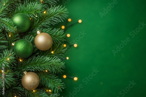 Decorative Christmas ornaments on evergreen branches with warm lights adorning a green background