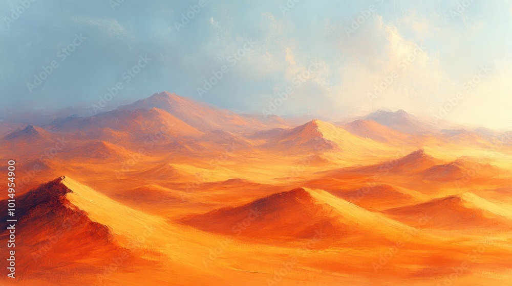 Naklejka premium Oil ink art of a desert landscape with rolling sand dunes using a warm color palette of oranges and yellows positioned from a low-angle to create a sense of vastness 