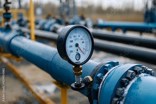 Close-up of a pressure gauge on a blue pipeline. photo