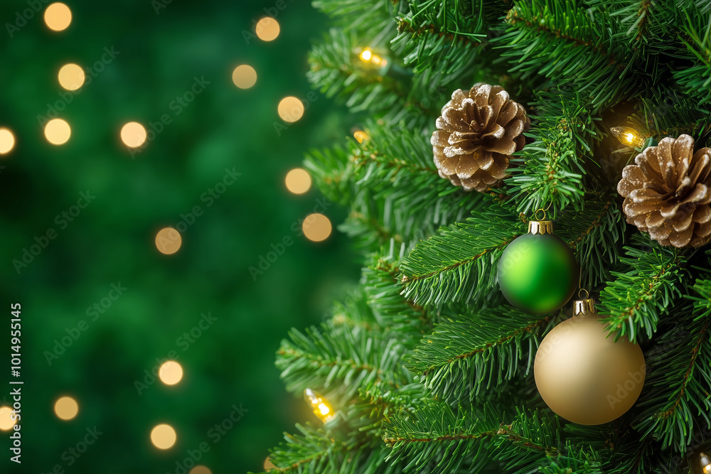 Decorated Christmas tree with ornaments and pine cones glowing against a green background Decorated Christmas tree with ornaments and pine cones glowing against a green background