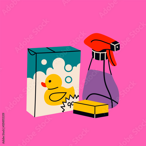 Detergent spray, soap powder, sponge. Cartoon style, flat design. Hand drawn modern Vector illustration. Isolated element. Cleaning, washing, housework, housekeeping, household concept