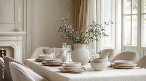 A beautifully arranged dining table features neutral dishware and a decorative vase filled with olive branches, set in a well-lit room with soft curtains and a classic fireplace backdrop.