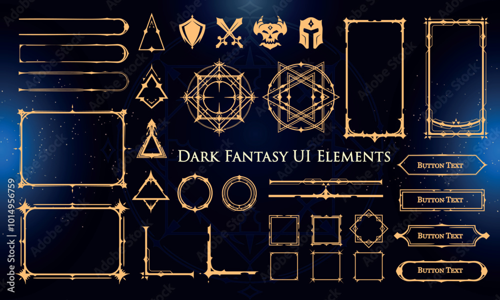 Naklejka premium Set of Dark Fantasy Elements for user interface, poster, video. Fantasy magic HUD. Template for rpg game interface. Vector Illustration EPS10