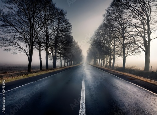 A road with trees on each side, realistic, depressing, middle of nowhere, hyper-realistic, depressing, realistic, ultra realistic, real-life picture