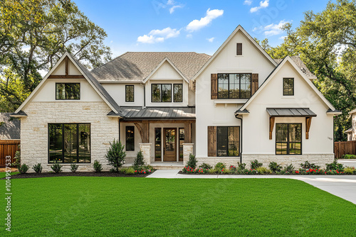 The exterior front view of a modern farmhouse-style home in The Woodlands, Texas. The home features white stone and tan wood details, with dark brown accents and large windows overlooking lush green.
