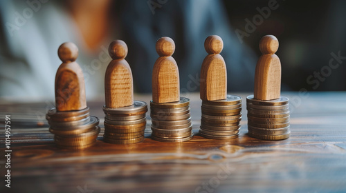 Wooden Human Figures Perched on Coin Stacks, Symbolizing Unemployment Struggles, Labor Market Hurdles, and the Concept of Financial Assistance.