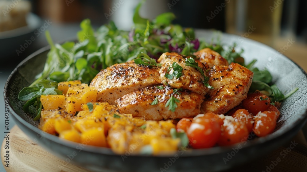 A delicious plate featuring seasoned grilled chicken served with fresh greens, roasted tomatoes, and diced mango, appealing and vibrant. A delicious plate featuring seasoned grilled chicken served with fresh greens, roasted tomatoes, and diced mango, appealing and vibrant.