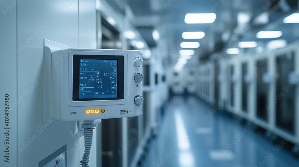 A medical monitoring device is displayed in a corridor, showcasing advanced technology in a clinical environment. A medical monitoring device is displayed in a corridor, showcasing advanced technology in a clinical environment.