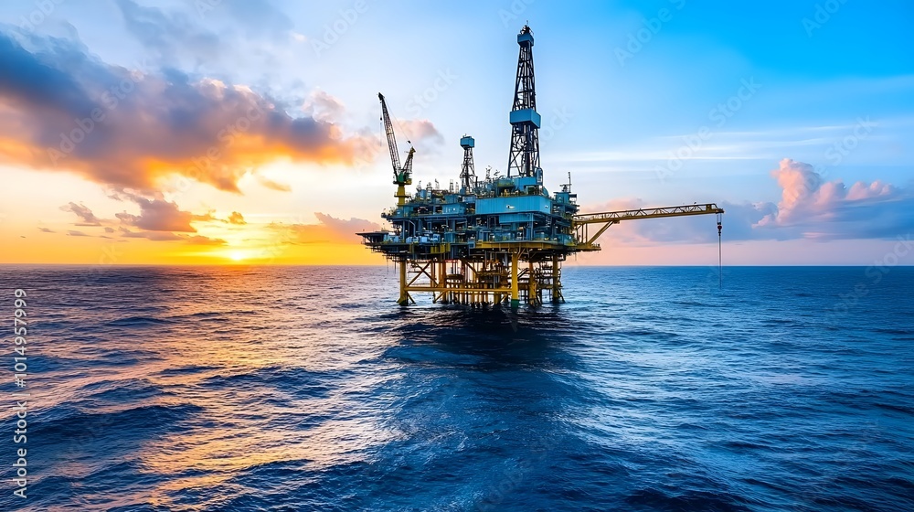 An offshore oil rig platform stands tall in the ocean at sunset, with a vibrant sky and calm waters. An offshore oil rig platform stands tall in the ocean at sunset, with a vibrant sky and calm waters.