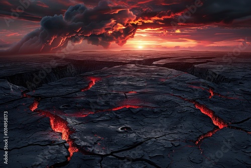 A lava field landscape with a vibrant sunset in the background