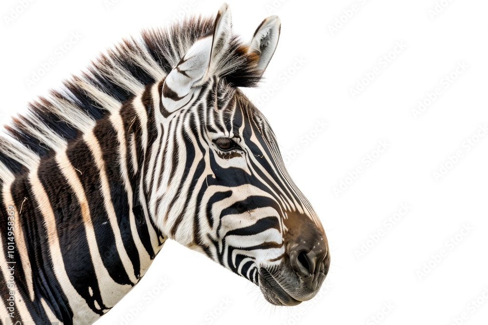 A close-up shot of a zebra's head against a white background, perfect for use in animal-related designs and projects