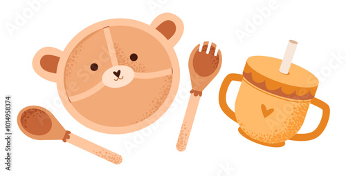 A cute set of kids dishes with a teddy bear plate and a sippy cup. Flat illustration