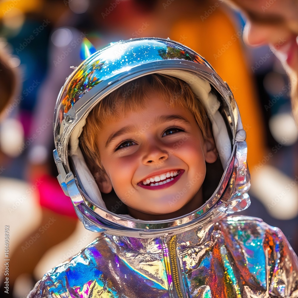 A little boy in a silver space suit smiles at the camera A little boy in a silver space suit smiles at the camera