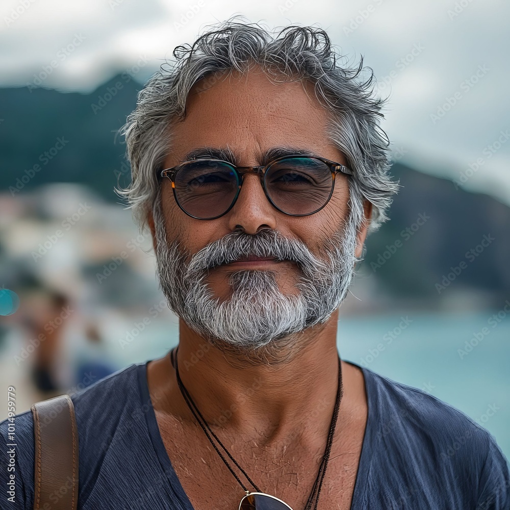 A man with a white beard and glasses standing by the water A man with a white beard and glasses standing by the water