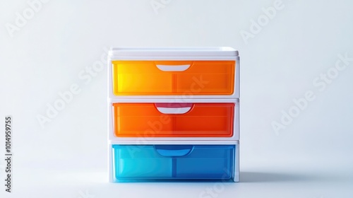 A small plastic storage cabinet featuring labeled drawers for easy access, perfectly arranged on a bright white background, ideal for an organization theme. 