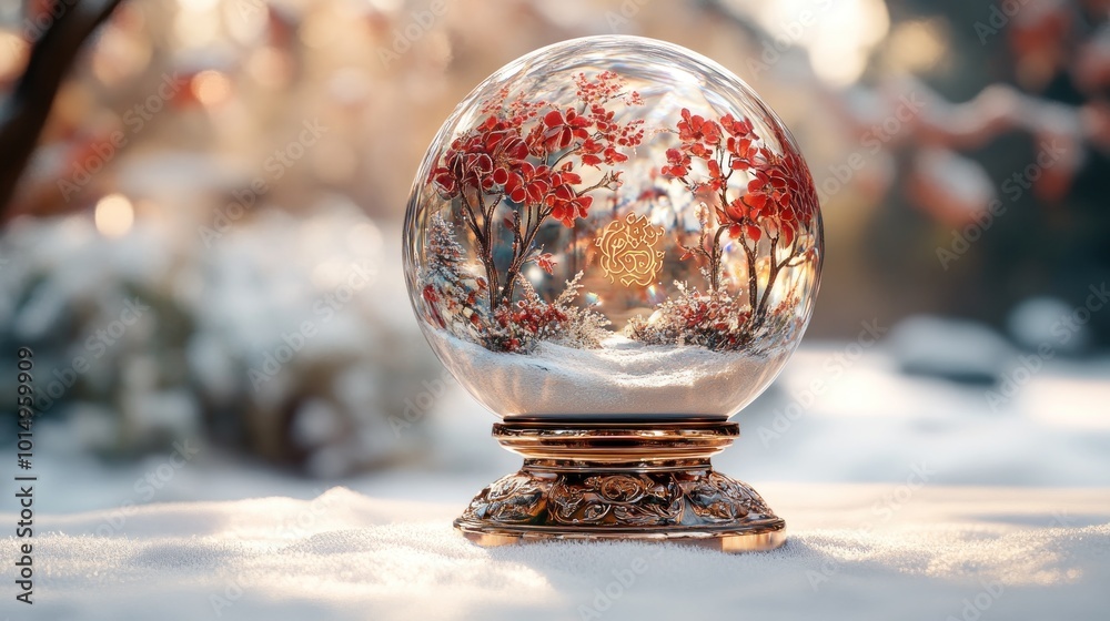 A decorative snow globe featuring autumn trees and snow. A decorative snow globe featuring autumn trees and snow.