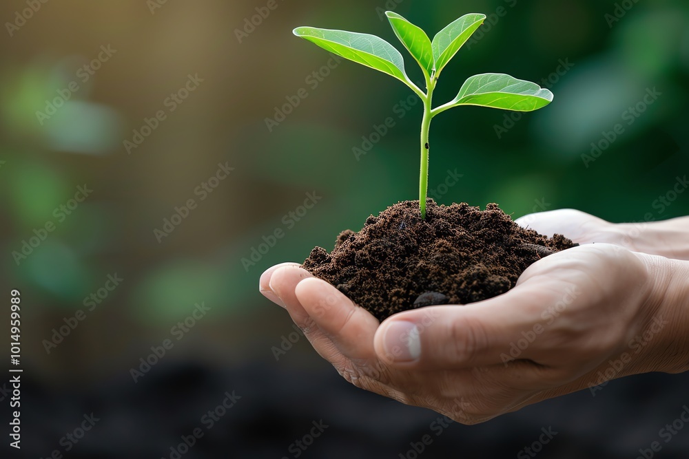 Hands holding a small green seedling growing in soil, symbolizing growth, nurturing, and nature. Ideal for environmental themes. Hands holding a small green seedling growing in soil, symbolizing growth, nurturing, and nature. Ideal for environmental themes.