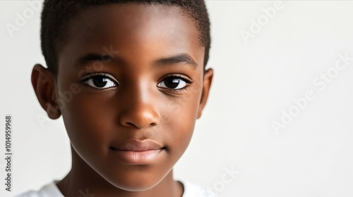 A close up of a young boy's face with a white background