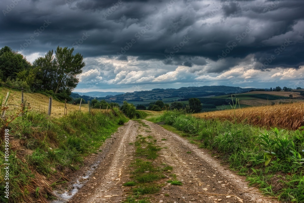 A dirt road running through a green field with no signs of human activity A dirt road running through a green field with no signs of human activity
