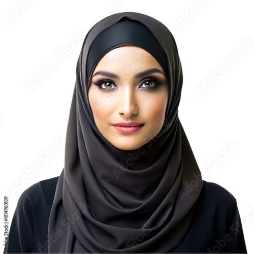 A woman in a black hijab with a black hijab on it isolated on a transparent background