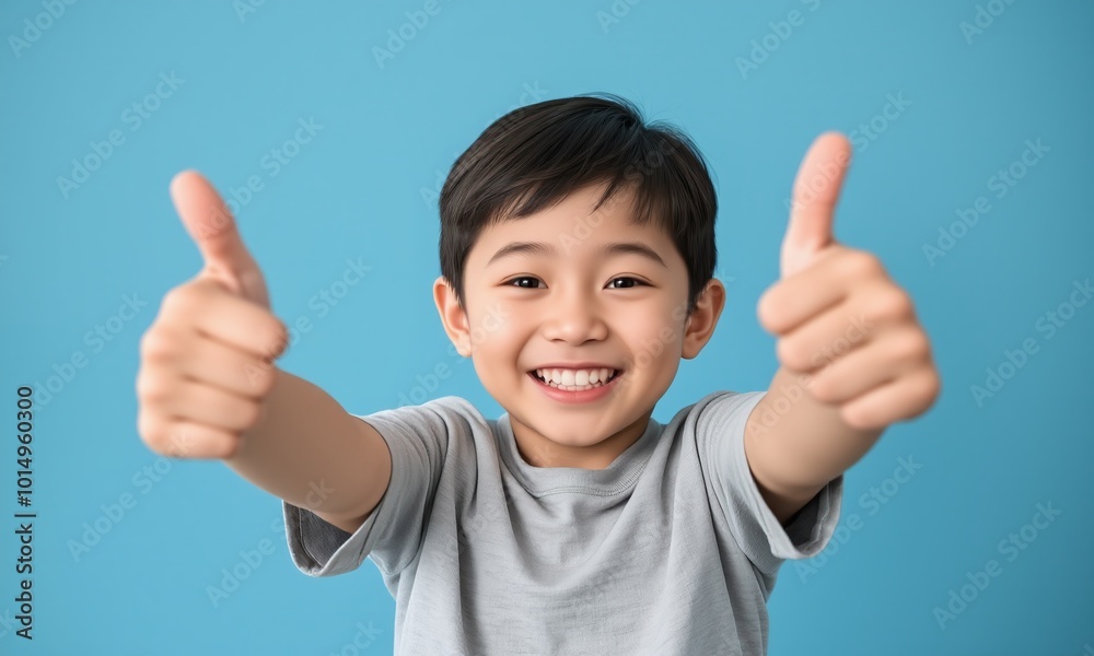Young child, big smile, thumbs up gesture studio background Young child, big smile, thumbs up gesture studio background