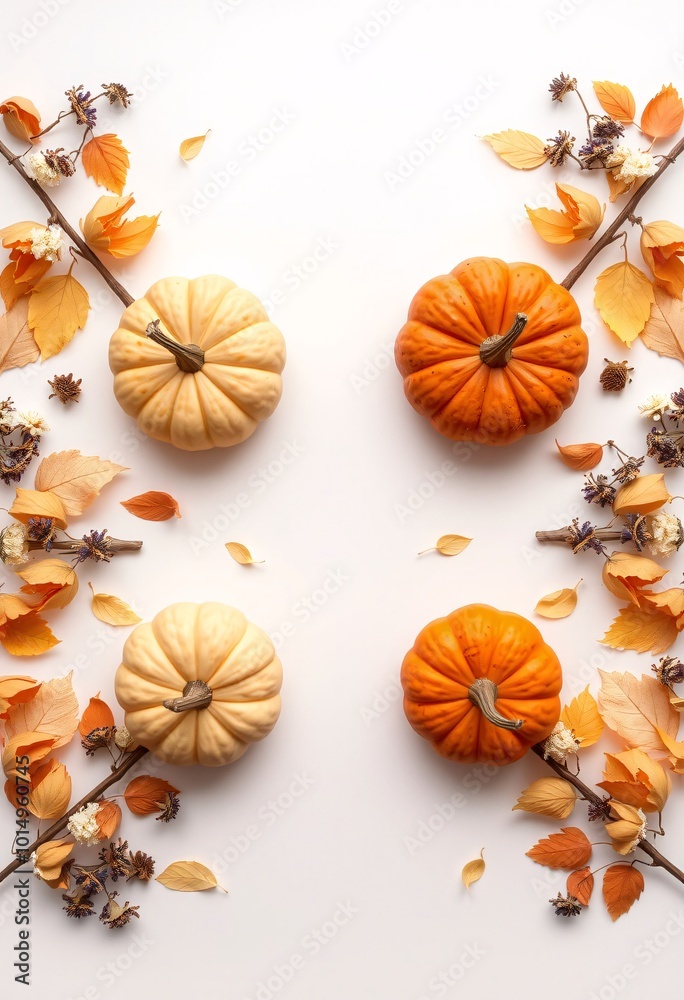 Symmetrical Fall Arrangement with Pumpkins, Flower Petals, and Yellow Leaves Symmetrical Fall Arrangement with Pumpkins, Flower Petals, and Yellow Leaves