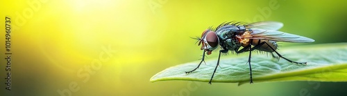 Close-up of a fly on a green leaf with a blurred background. photo