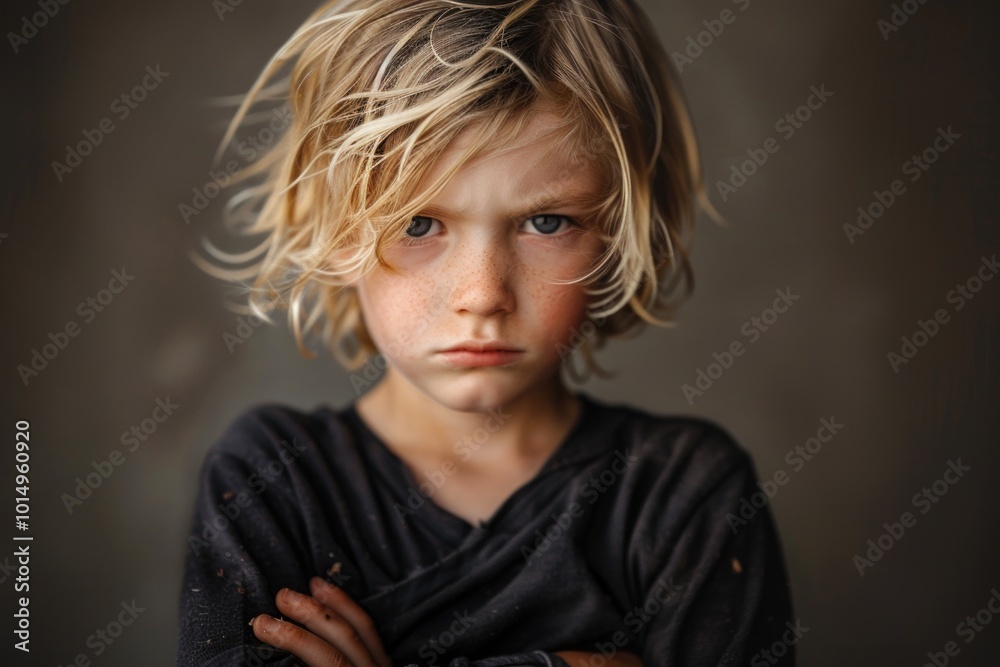 A young boy looks directly into the camera with a determined expression, his arms crossed in a defensive stance A young boy looks directly into the camera with a determined expression, his arms crossed in a defensive stance