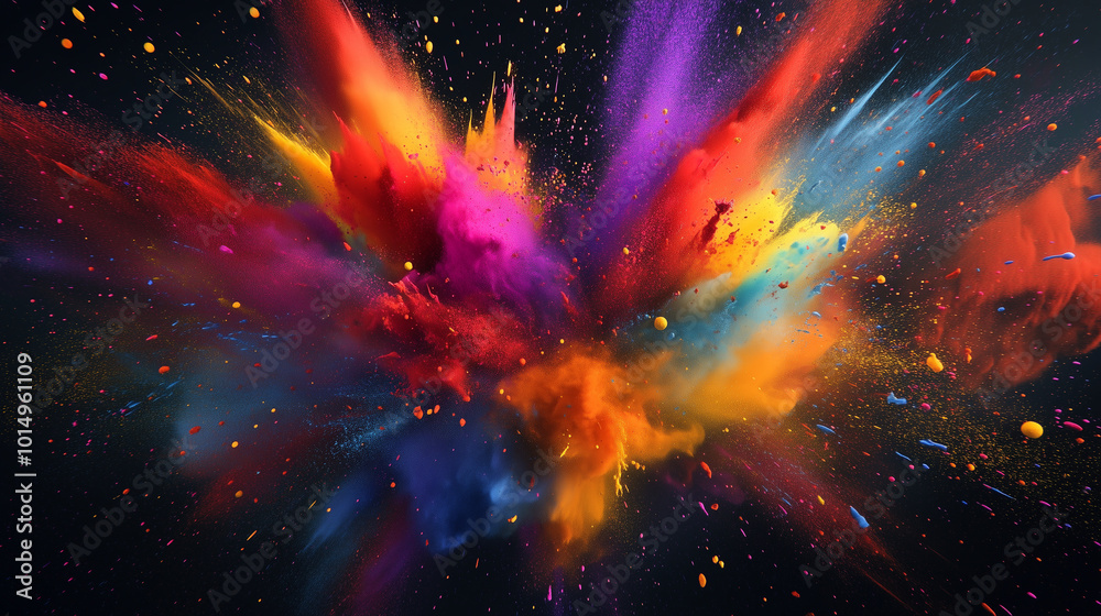 Dark background with a vibrant explosion of colorful powder, creating a dynamic abstract. Clouds of colorful sand and colored powder exploding. Dark background with a vibrant explosion of colorful powder, creating a dynamic abstract. Clouds of colorful sand and colored powder exploding.