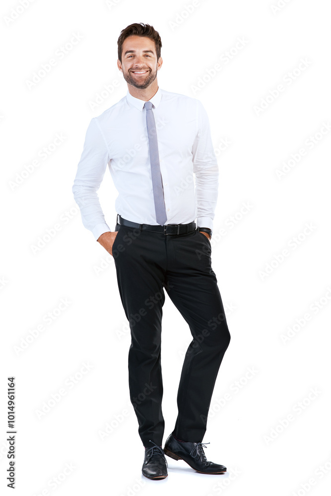 Studio, professional and businessman in portrait for career, corporate project and pride with smile. Mockup, salesperson and happy with confidence for positive attitude, ambitious or white background