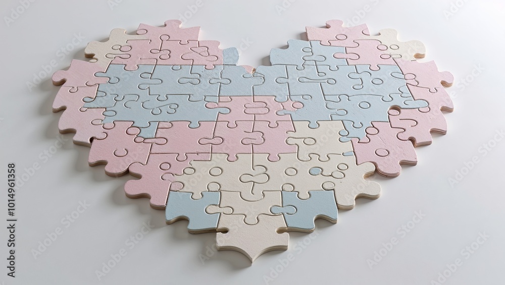 Obraz premium Heart-shaped pastel jigsaw puzzle on white background