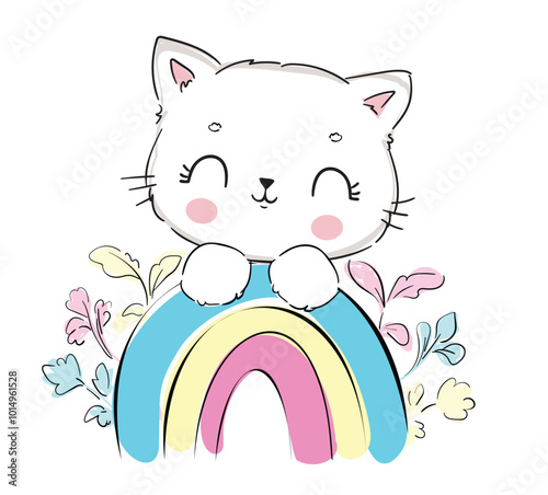 Hand drawn Cute cat and rainbow vector illustration.Kids print and poster