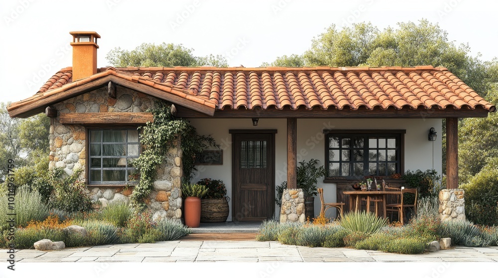 3D model of a rustic countryside café, positioned at a high angle to showcase its terracotta roof and wooden accents, against a white background. The color tone is earthy browns and soft creams, 3D model of a rustic countryside café, positioned at a high angle to showcase its terracotta roof and wooden accents, against a white background. The color tone is earthy browns and soft creams,