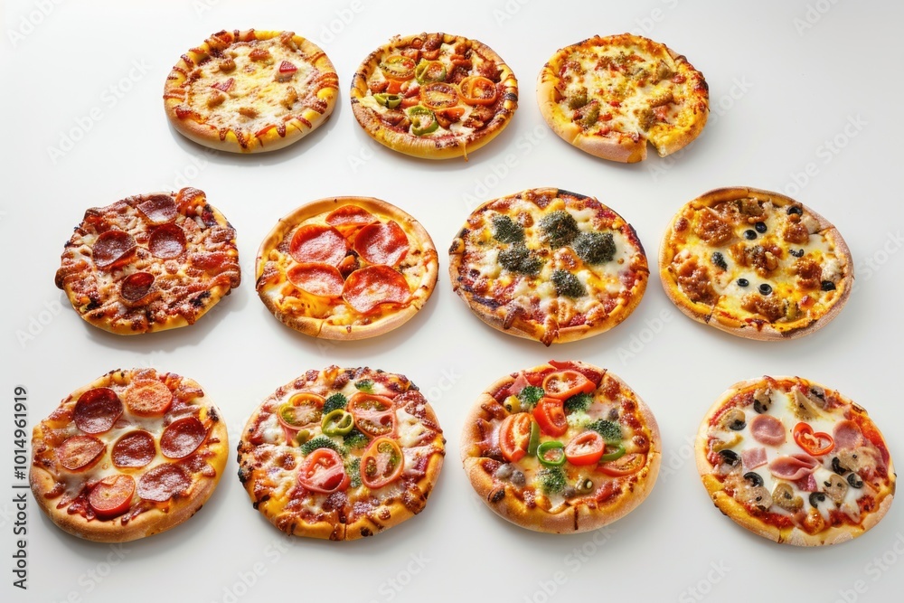 A collection of mini pizzas on a wooden table with a rustic atmosphere A collection of mini pizzas on a wooden table with a rustic atmosphere