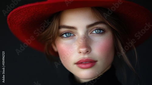 Portrait of a young woman wearing a red hat with striking features.