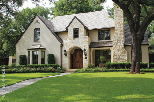 A traditional Texas home with light-colored stucco walls, dark wood accents on the front door and windows, and stone decorative elements around an arched entrance, surrounded by lush green grass.