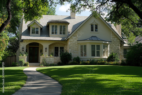 An elegant, well-maintained home in the classic English style with a light-colored stone exterior and large windows on three sides. The house has a small front yard with green grass and trees.