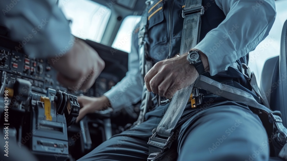 pilot in uniform adjusting the seat and harness in the cockpit of a commercial airplane before takeoff pilot in uniform adjusting the seat and harness in the cockpit of a commercial airplane before takeoff