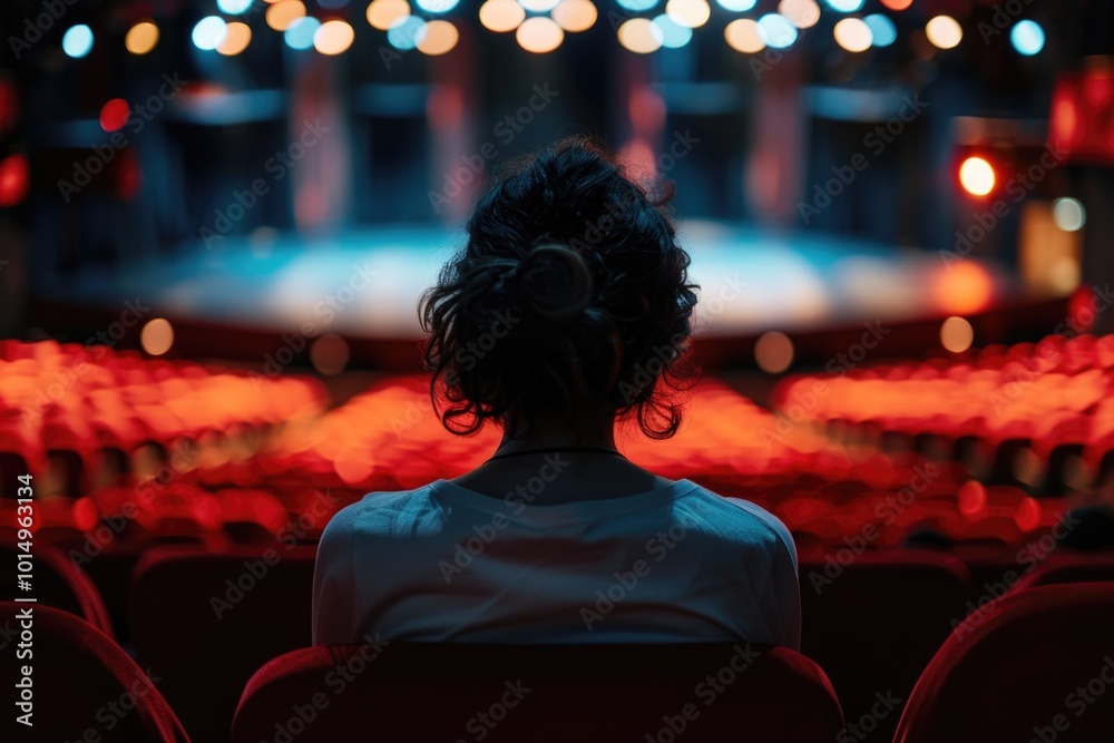 A woman sits in a theater seat, engrossed in the performance on stage A woman sits in a theater seat, engrossed in the performance on stage