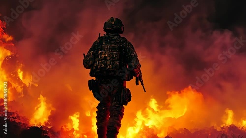 A soldier walks through a fiery landscape, their silhouette stark against the flames