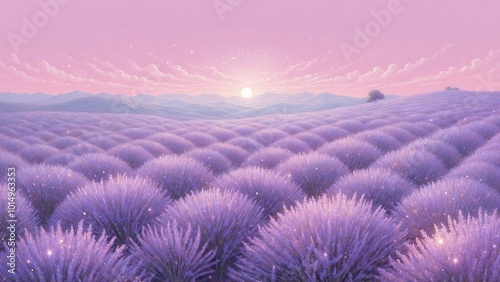 Lavender field at sunrise with pink sky