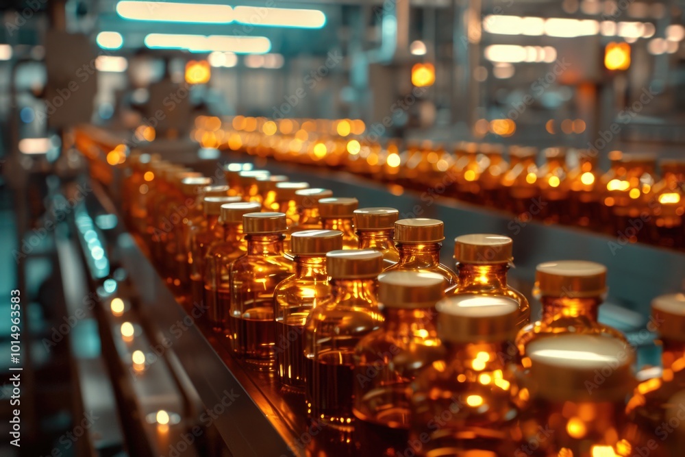 A row of bottles filled with liquid on a conveyor belt, ideal for use in industrial or manufacturing settings A row of bottles filled with liquid on a conveyor belt, ideal for use in industrial or manufacturing settings