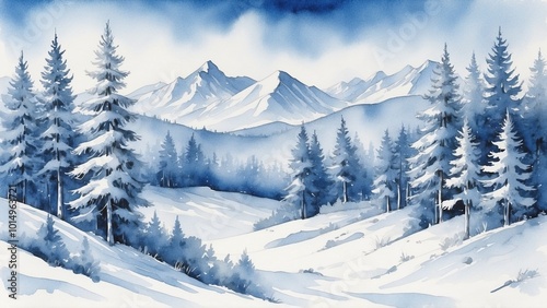 Snowy pine forest with mountain range in winter landscape.