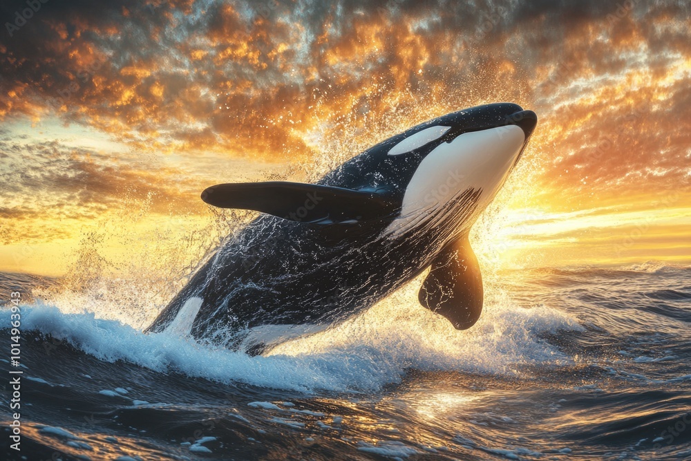 Obraz premium Whale jumping out of water at sunset