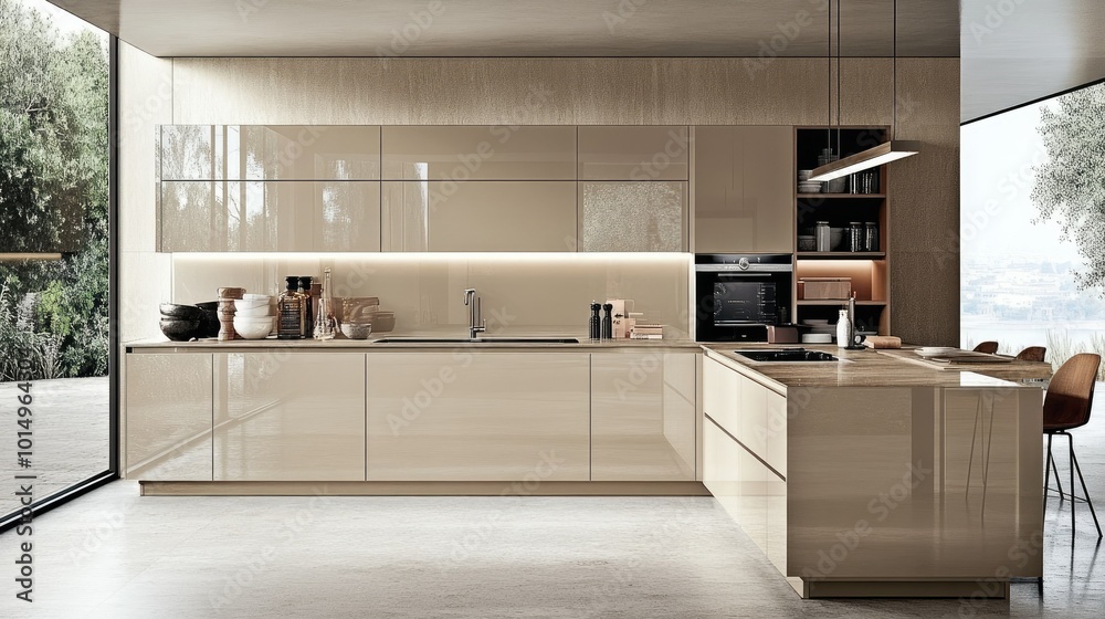 A beautifully designed beige kitchen with sleek cabinets and neatly arranged kitchenware, combining modern functionality with cozy aesthetics. A beautifully designed beige kitchen with sleek cabinets and neatly arranged kitchenware, combining modern functionality with cozy aesthetics.