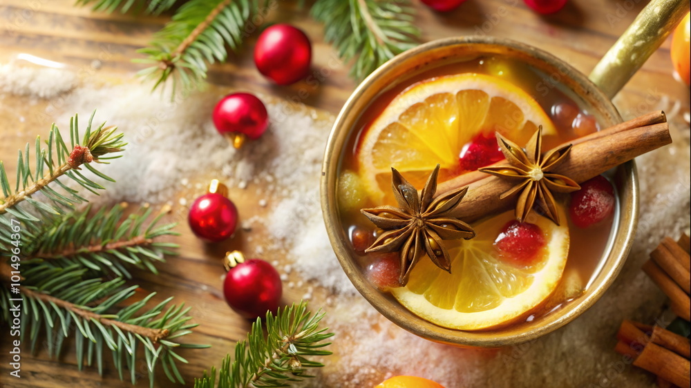 Warm and festive beverage with spices and citrus fruits in a cozy Christmas setting Warm and festive beverage with spices and citrus fruits in a cozy Christmas setting
